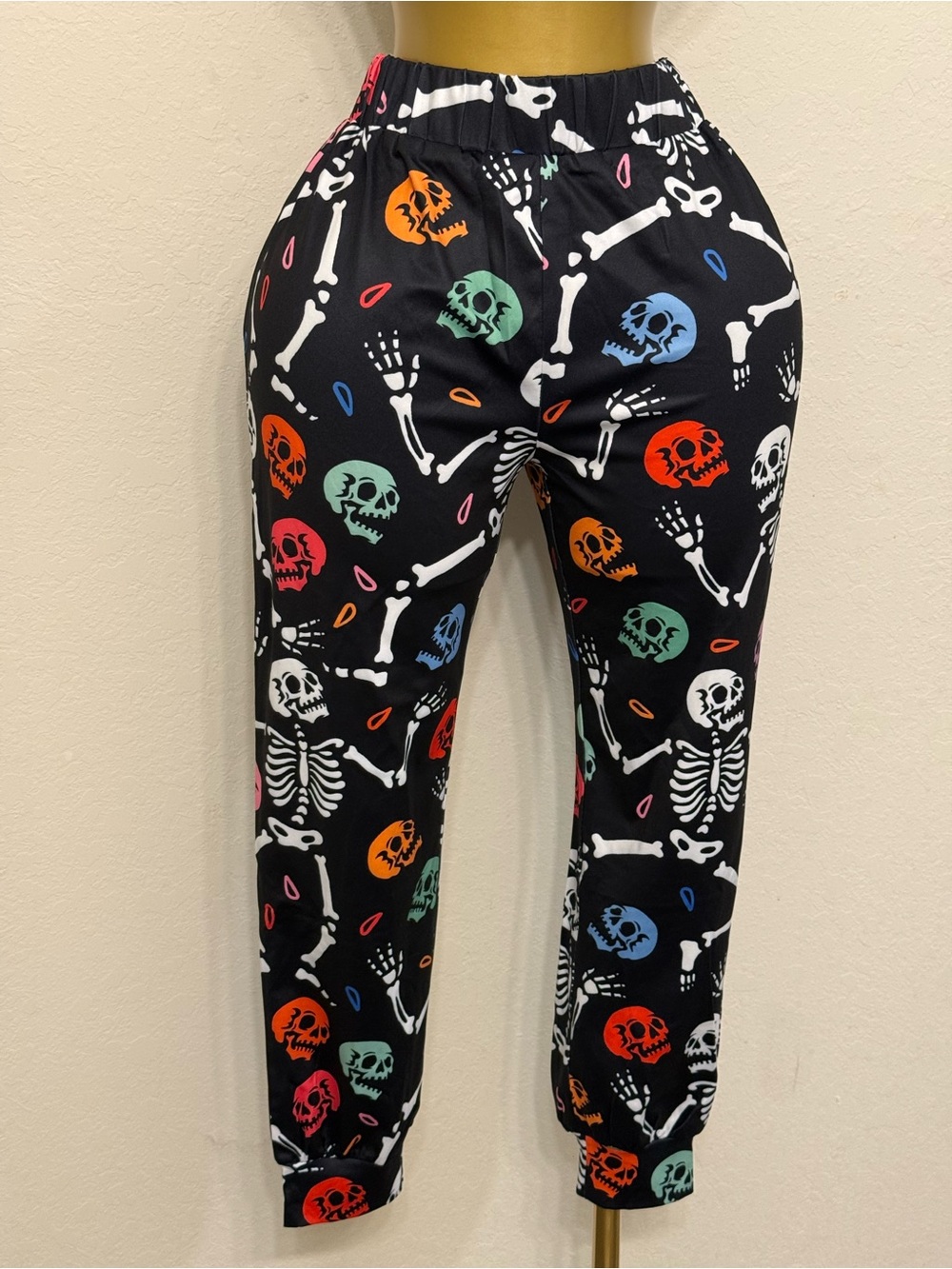 Black Joggers with Multicolor Skull & Bone Print